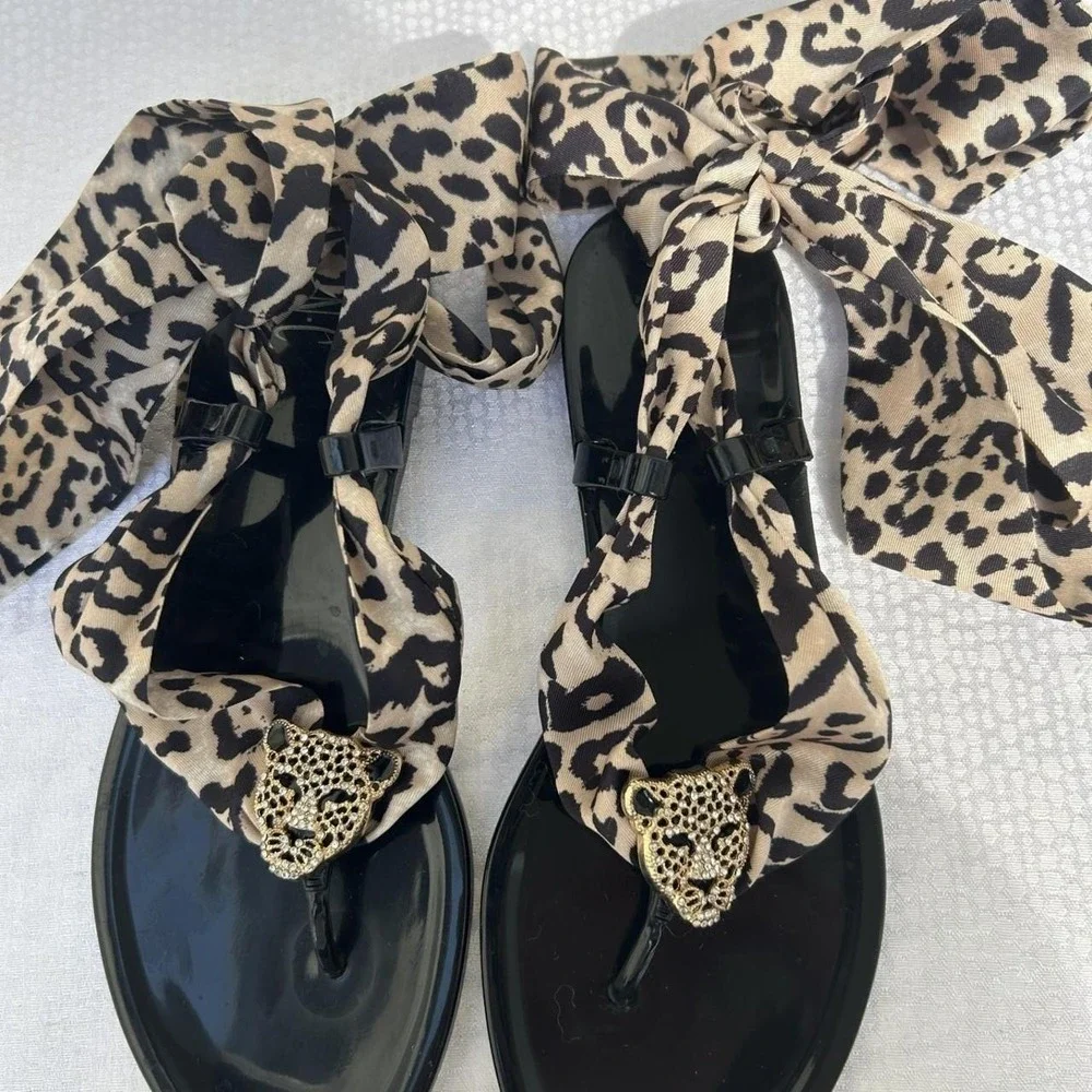 INC International Concepts Leopard Print Ankle Tie Jelly Sandals Black Gold 6